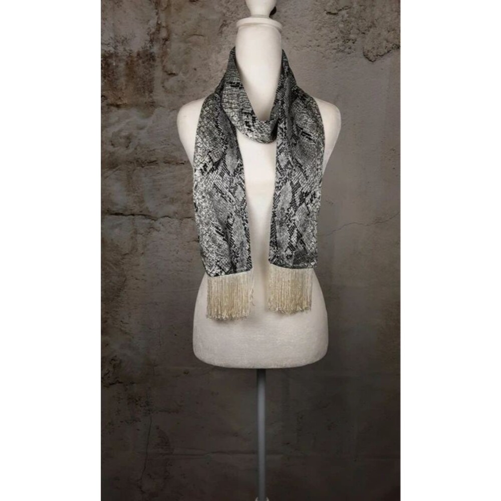 Gray Snakeskin Print Scarf with Cream Fringe